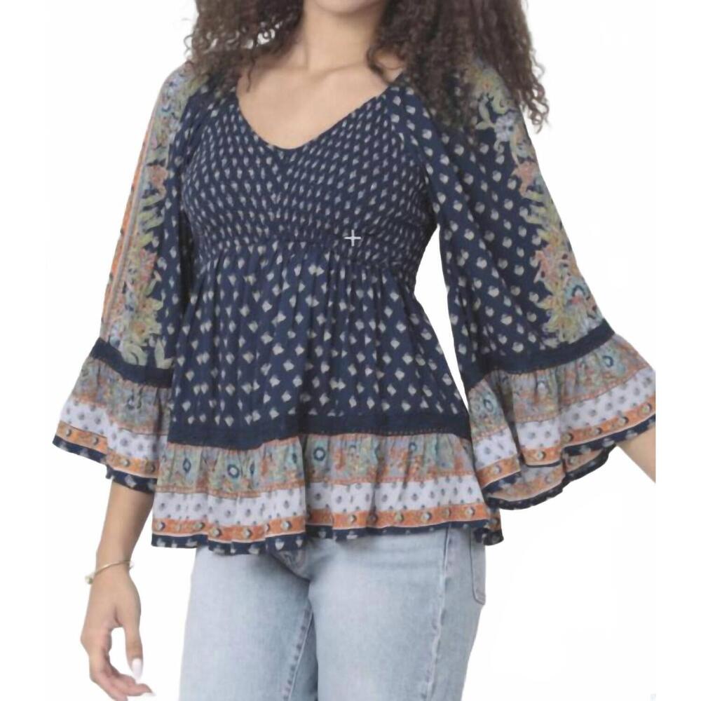 NEW ANGIE vneck smocked print top in blue